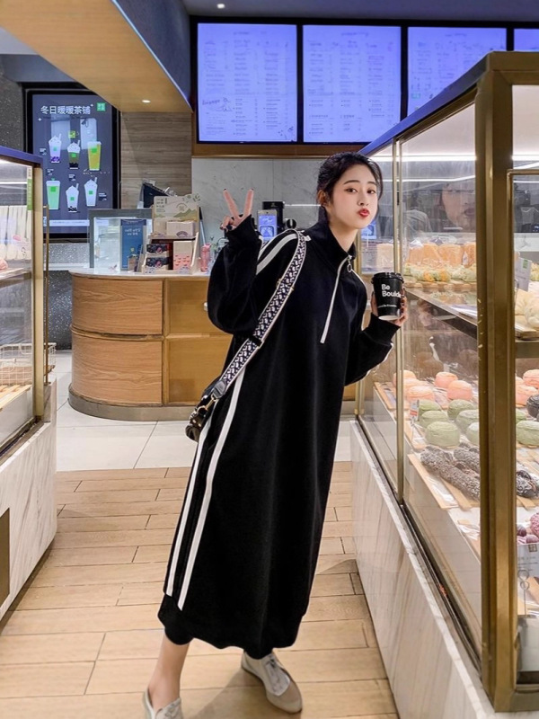 大码300斤女装休闲连衣裙长袖韩版宽松立领拉链长款过膝卫衣欧美|undefined