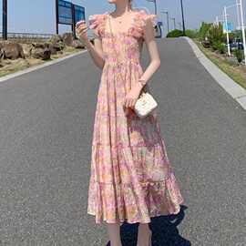吊带连衣裙夏装新款碎花无袖海边度假连衣裙气质法式长裙子女