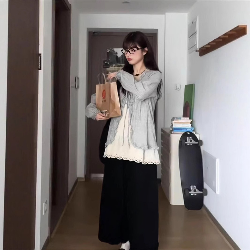 2025 新しい夏の韓国服スーツ女性のレトロチェック柄レースアップブラウスサスペンダーカジュアルパンツ 3 点セットトレンディ|undefined