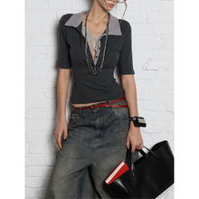 美式假两件蕾丝拼色修身polo领上衣夏季海妖风辣妹短袖