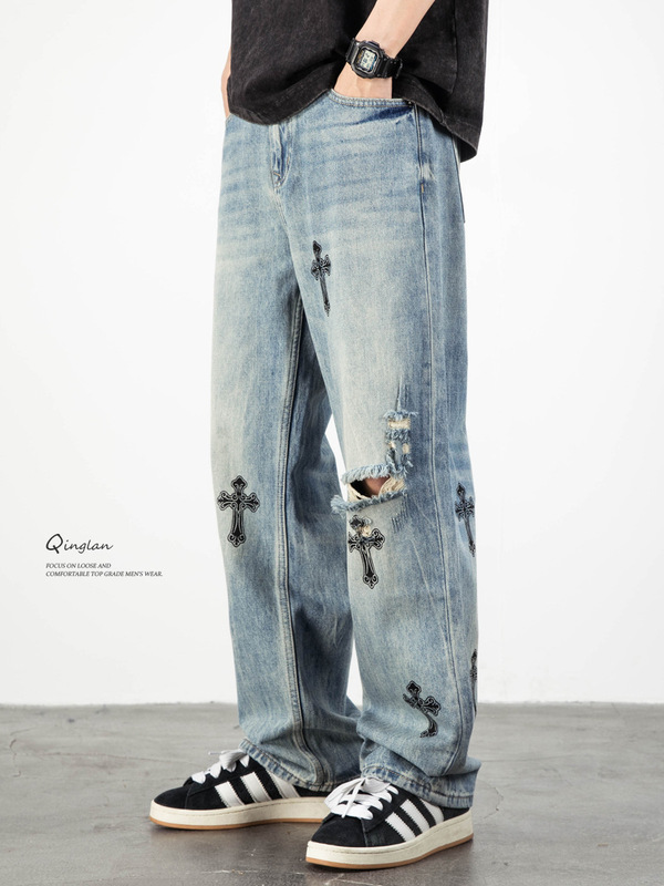 Lightly Ripped Jeans for Men, Straight Loose Fit, American Style Trendy Brand, Printed Distressed High Street Vibe Pants, 2026 New Model