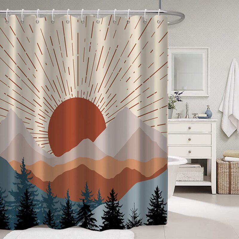 Medieval Shower Curtain Bohemian Sunrise Bathroom Shower Curtain Waterproof Abstract Mountain Forest Bath Curtain Set with Hooks