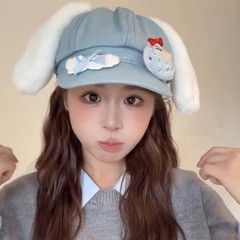 甜美可爱小猫毛绒耳朵百搭云朵八角帽子女贝雷帽显脸小画家帽秋冬