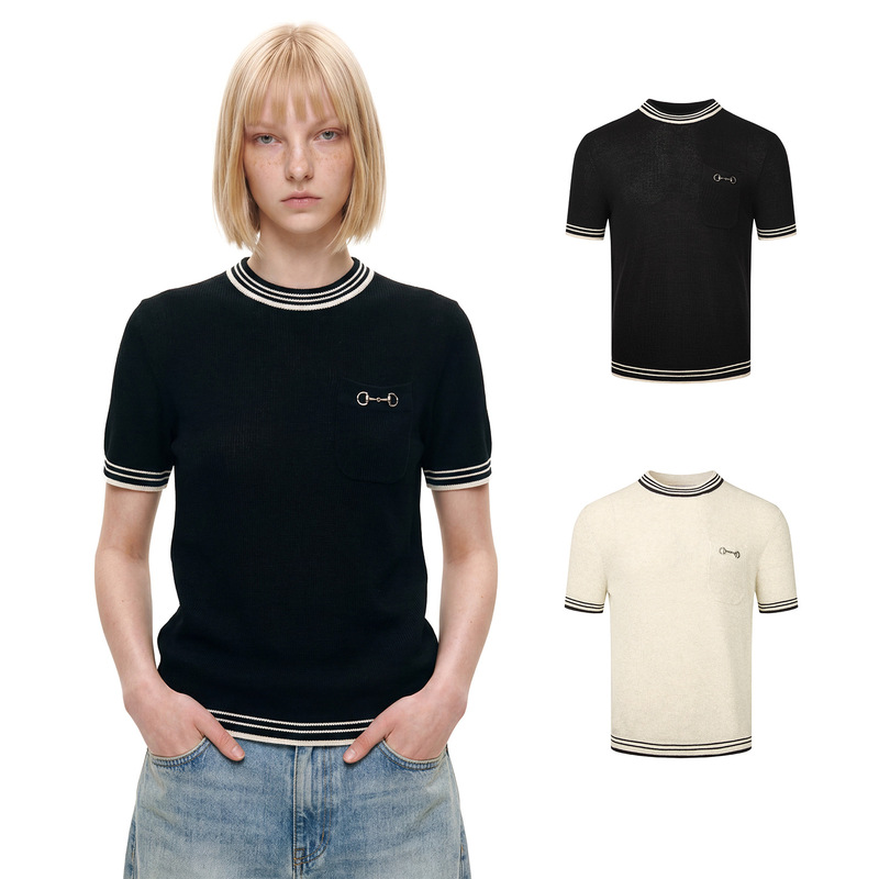 Eme Yishengyi Horsebit Buckle Linen Lyocell Old Money Style Vintage Striped Jacquard Short Sleeve Knit Shirt for Men and Women