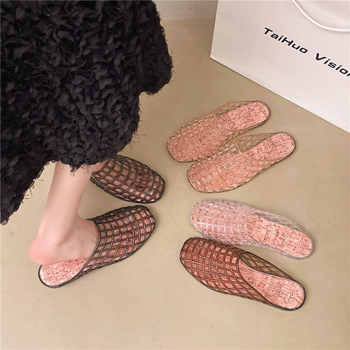 Mesh shoes niche half-slip sandals Korea's new transparent casual women's shoes one-leg plastic slippers hollow sandals