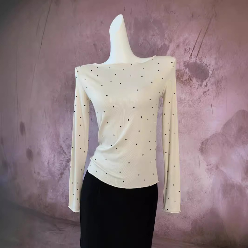 Real Shot Super Soft Cotton Long Sleeve Base Shirt Women's Early Autumn New Milk Tea Color Wave Point Pure Style Top