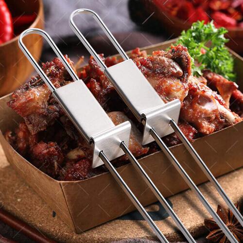 Zibo 430 outdoor stainless steel barbecue fork barbecue skewers double needle with push plate BBQ metal barbecue skewers barbecue tool