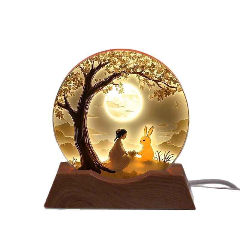 月亮玉兔彩印水晶发光小夜灯氛围灯中秋节日朋友家人伴手礼品摆件|undefined
