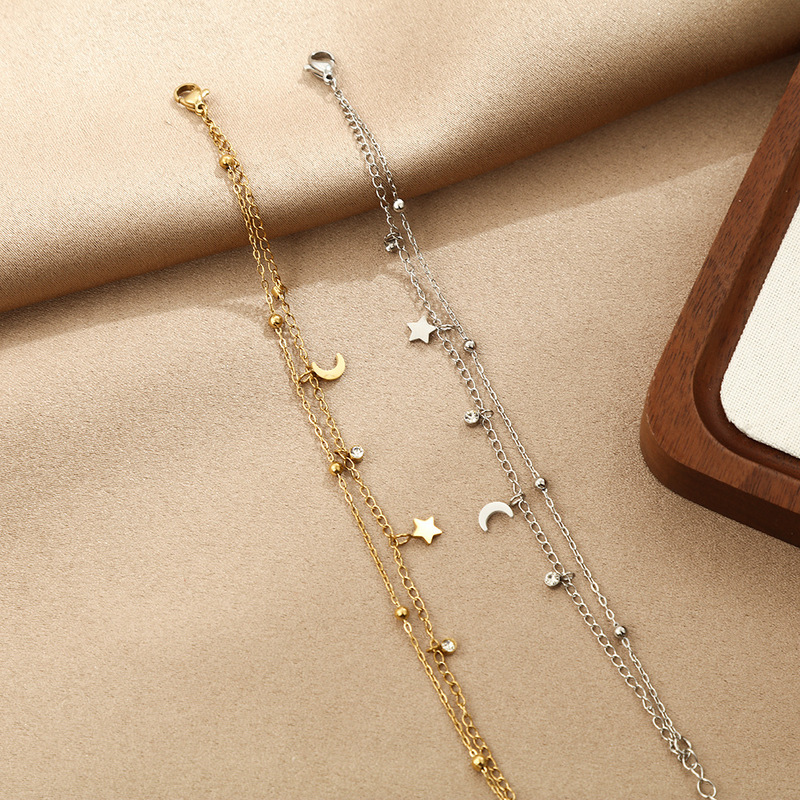 Korean-Style Minimalist Niche Design Double-Layer Star and Moon Bracelet for Women, Trendy and Fresh Style, Non-Fading Jewelry