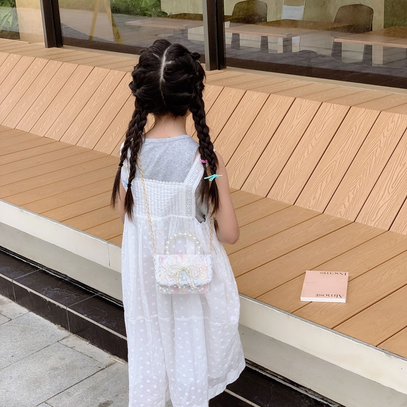Hermosa bolsa de hombro para niñas, flores dulces, encaje de perlas, bolsos de mano para bebés, nuevos bolsos de cadena para niños