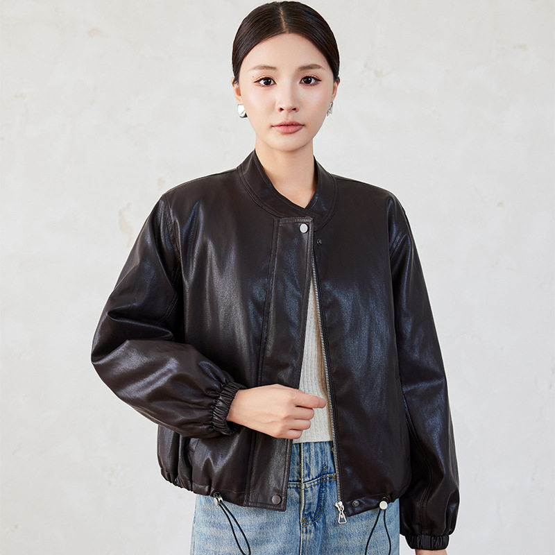 Áo khoác da nữ ngắn cổ đứng lót lông dày dặn — Cà phê đỏ với fleece dày, Màu đen Fleece dày chi tiết 7