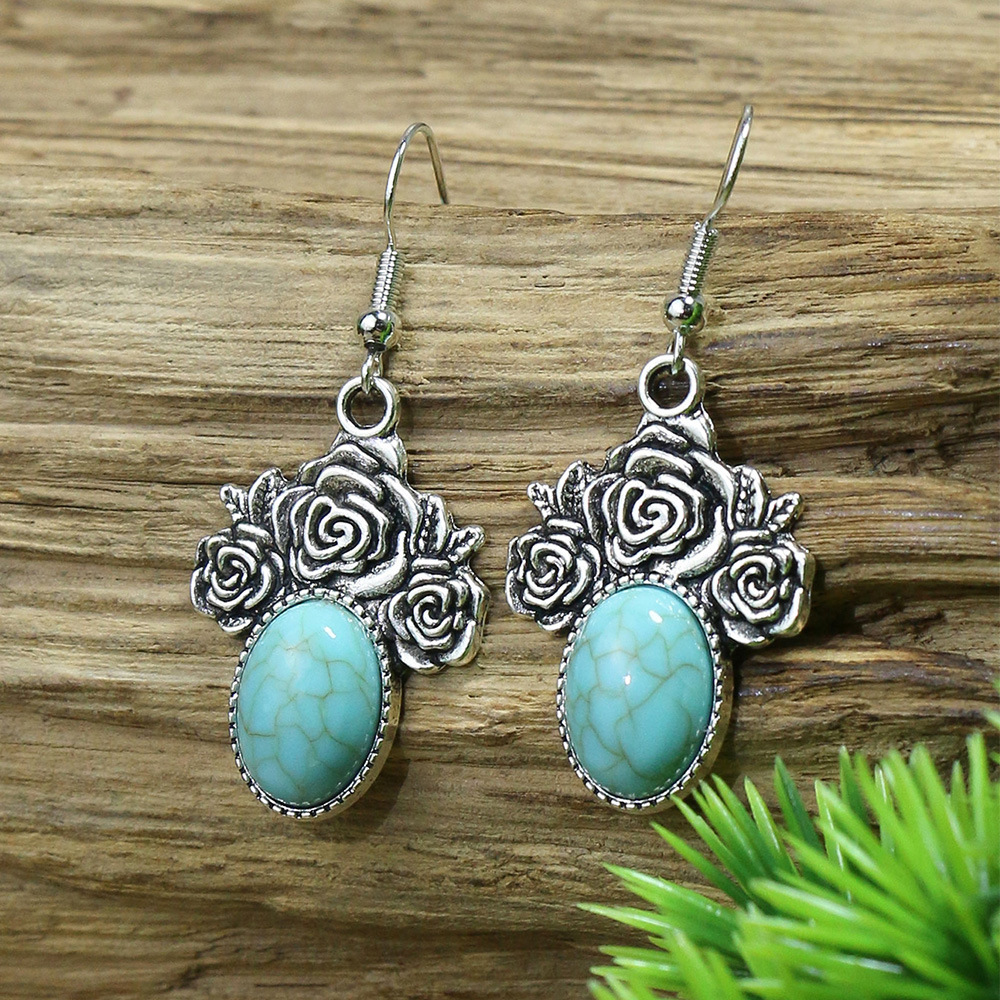 1 Pair Ethnic Style Round Inlay Alloy Turquoise Drop Earrings display picture 4