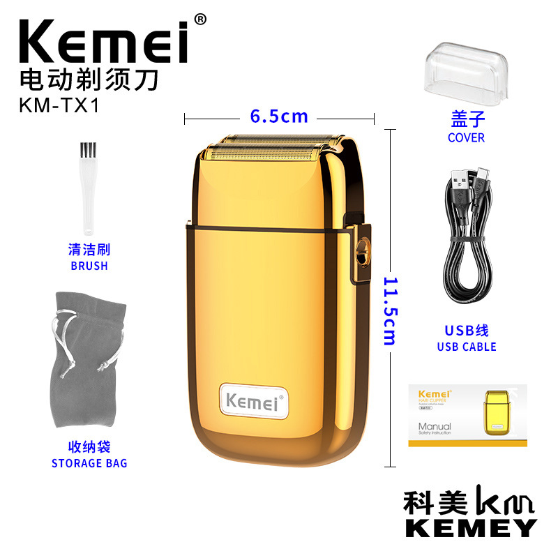 Afeitadora eléctrica Kemei KM-TX1 con cuerpo de metal, color dorado y plateado, afeitadora rotativa recargable por USB.