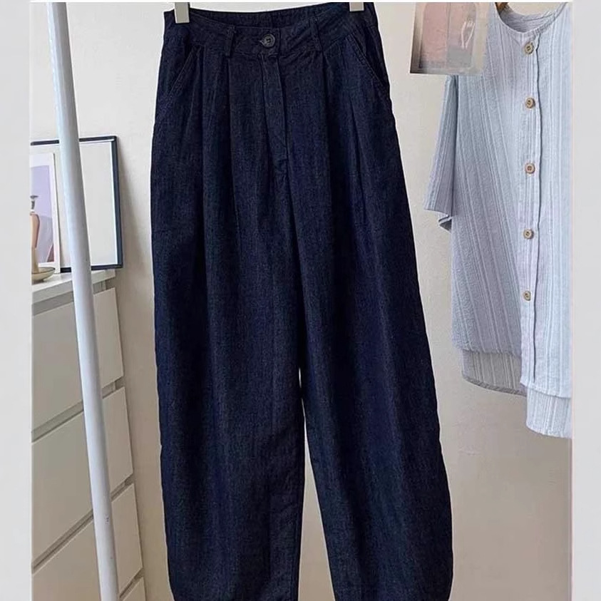 Quần ống rộng vải lanh cotton Yamamoto cạp cao kiểu harem mùa hè 2025 — Màu xanh đậm