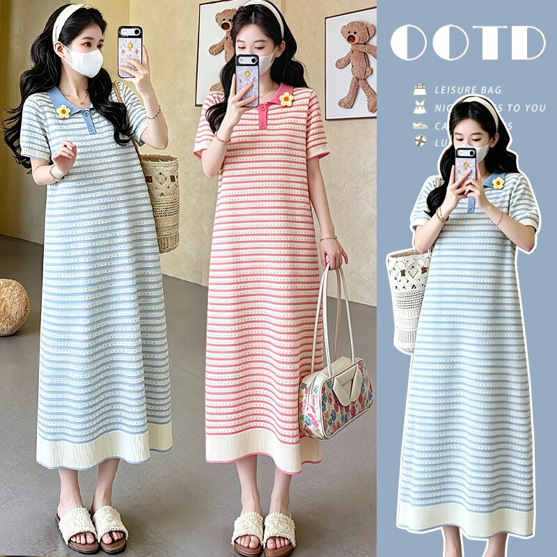 New arrival # Maternity Dress Summer 2026 New Korean Style Chic Lapel Striped Floral Hollow Ice Silk Long Dress