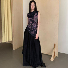 ワンピースセット女性デザイン感メッシュプリント袖なしフリルベスト上着ロングスカート2点セット