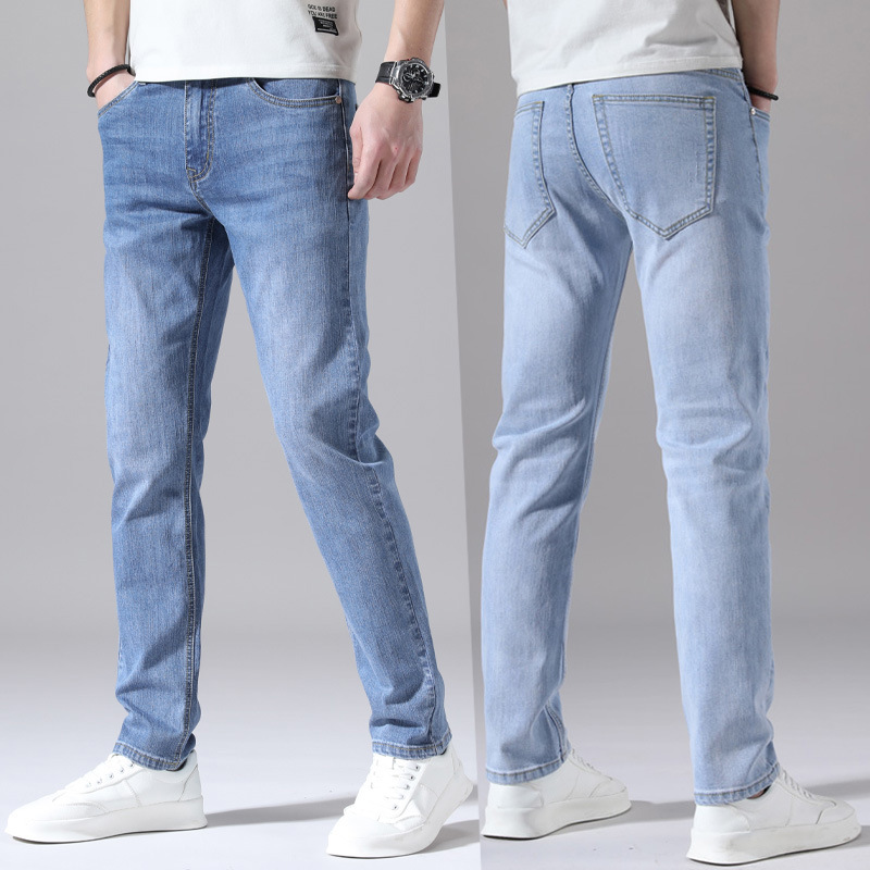 2025 primavera y verano algodón elástico color claro delgado jeans para hombres elásticos delgados pequeños pantalones casuales de todo fósforo de moda recta