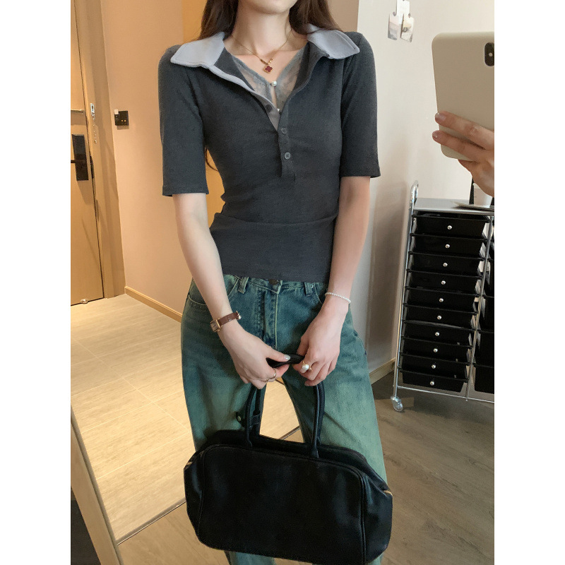 欧货设计感假两件蕾丝拼接polo领短袖T恤女2025夏新款酷辣上衣女|undefined