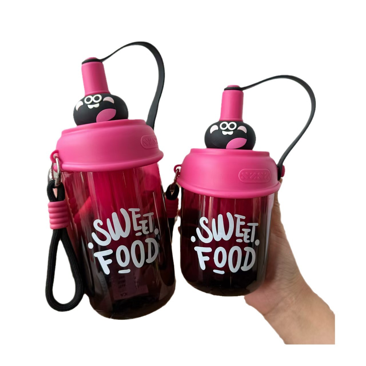 Nuevo vaso de plástico de ojos grandes, lindo vaso de paja portátil para niños con funda de cuerda engrosada