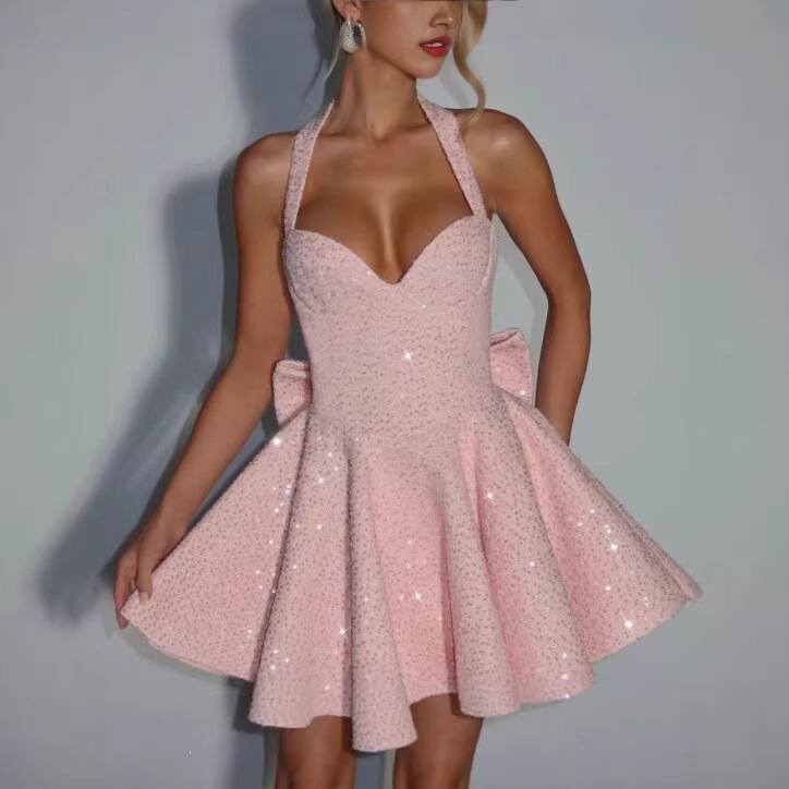 Halter Neck Sequined Puffy Dress, Deep V-Neck Waist-Cinching Short Skirt, Bow Tie Back, Birthday Party Mini Dress