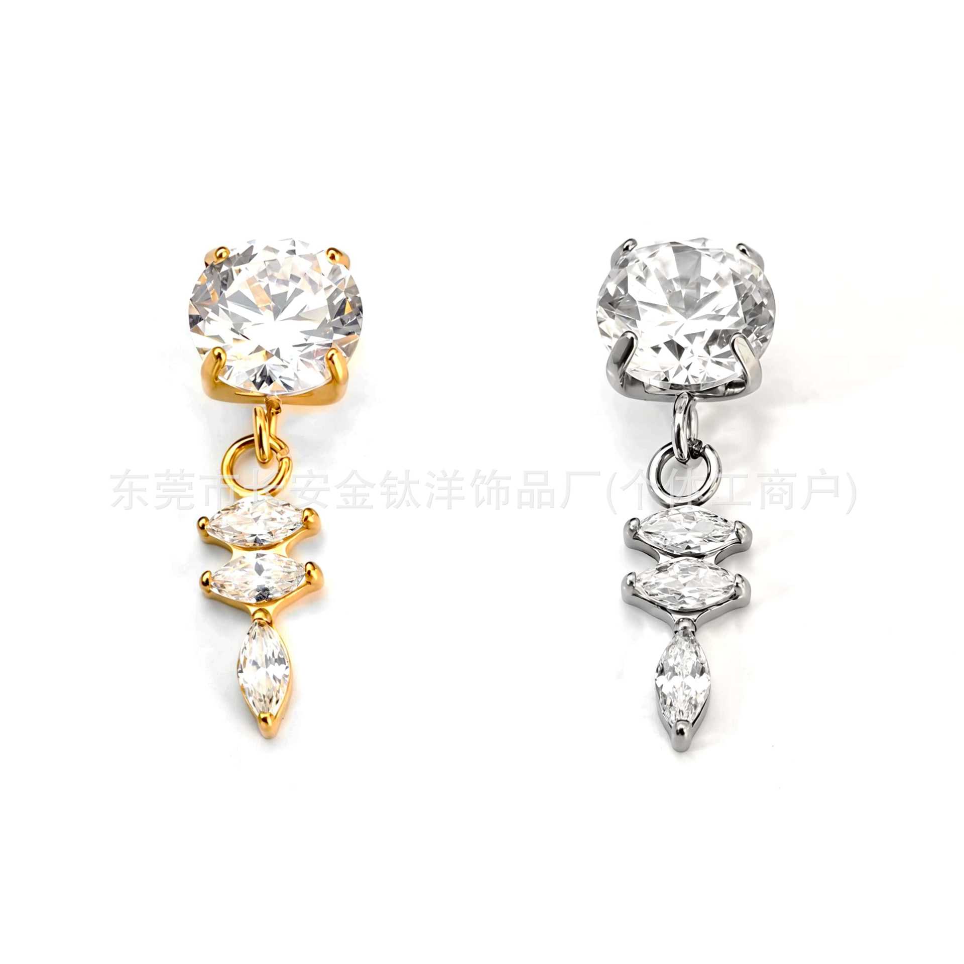 F136 Titanium Gold-Plated Round Zircon Triple Marquise Pendant Lip Stud Ear Stud Ear Bone Stud G23 Titanium Alloy Piercing Jewelry detail image 8