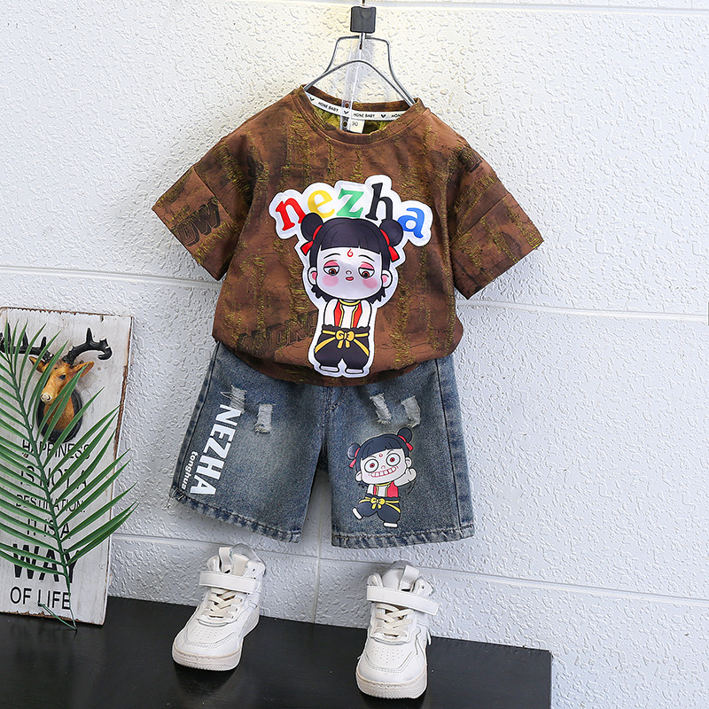 7233 Summer Nezha Clothing Traje de camiseta delgada para niños Jeans para niños Pantalones cortos para bebés Traje de dos piezas de manga corta 3