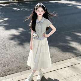 2026新款蝴蝶结洋气半身裙时尚中大童夏装条纹领甜美风翻领两件套