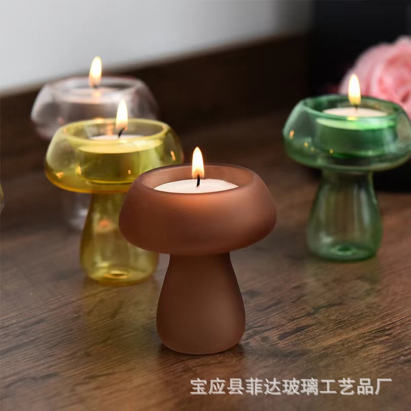 创意蘑菇灯蘑菇玻璃烛台彩色透明蜡烛灯家居装 饰特色桌面摆件