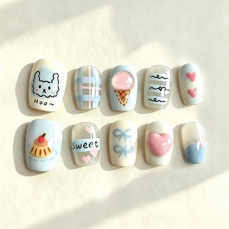 Cartoon Wearable Nails with Iridescent Glitter Cat Eye Effect, Ultra-Short 3D Embossed Heart-Shaped 2D Nail Tips Wholesale