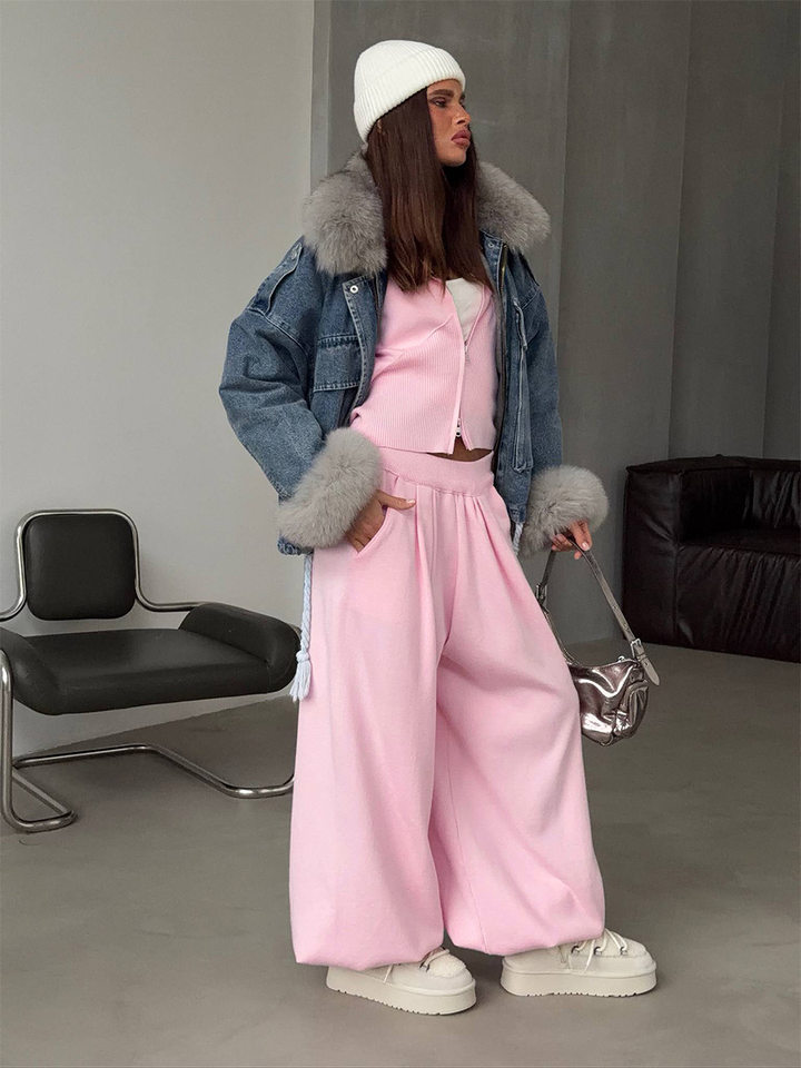 Set áo len cardigan dáng rộng phối quần ống lồng hai dây kéo — màu hồng, màu xám chi tiết 7