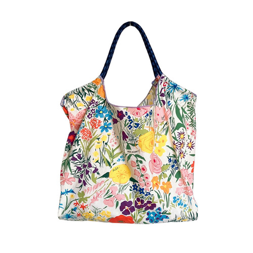 Korean-style summer large capacity hand-held shoulder bag drawstring shopping bag fresh floral tote bag underarm bag cotton bag
