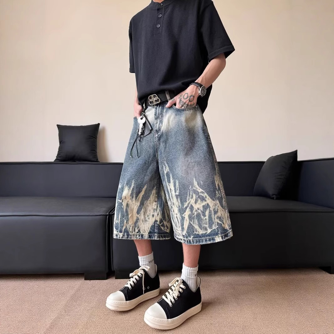 American High Street Lightning Pattern Tie-Dye Denim Cropped Shorts Men's New Summer Over-The-Knee Casual Mid-Pants Wide-Leg Shorts
