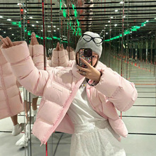明星同款粉色小立领短款羽绒服女冬2025上衣小个子外套微标带字母