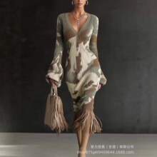2025跨境temu女式毛衣针织连衣裙3D印花时尚优雅V领修身流苏群