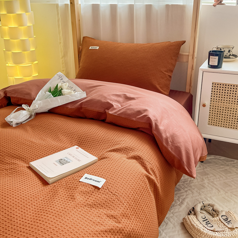 Dormitorio de estudiantes Juego de cama de gofres de algodón de algodón de tres piezas, sábanas, fundas de edredón, sábanas, sábanas y colchones