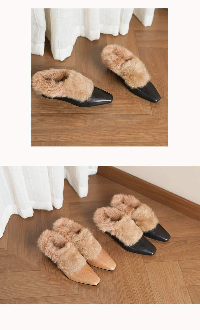 Giày mule nữ mũi vuông lông cừu đế nêm gót thấp ấm áp — đen chi tiết 7