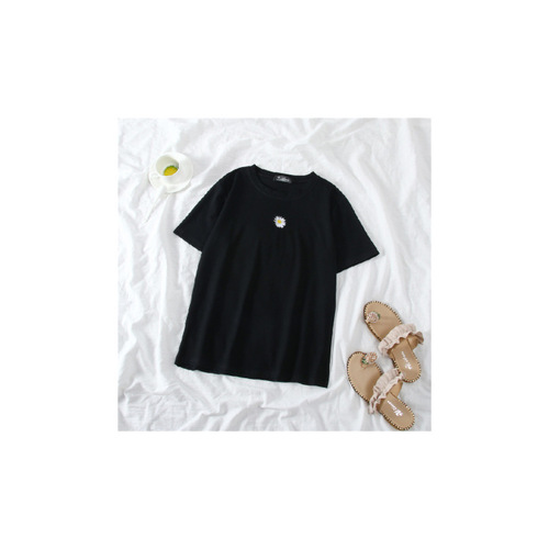 Women's Spring Short Sleeve Top Set with Daisies Half-Sleeve T-shirt and Asymmetrical A-line Skirt, Elegant Outfit