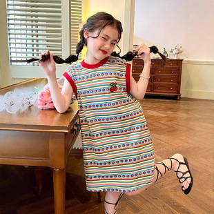Aini Girls Summer Stripesd Retro Vest Dress New Baby Kidsren Versatile T-Shirt Dress Loose