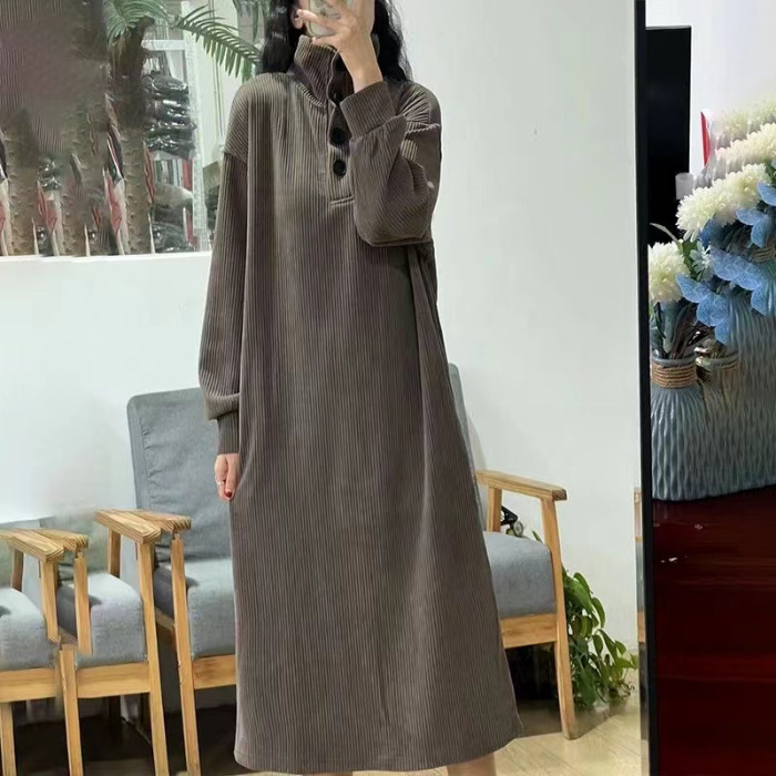 跨境中长款过膝垂坠感连衣裙女秋装新款遮肉减龄高领宽松打底裙子|undefined