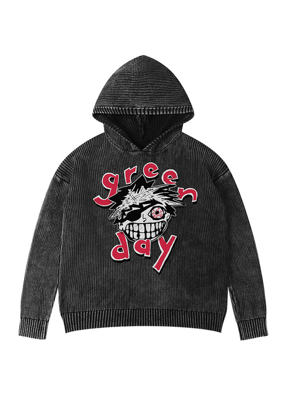 Green Day American Punk Green Day Autumn and Winter Knitwear Washed Retro High Street Distressed Hooded Knitwear