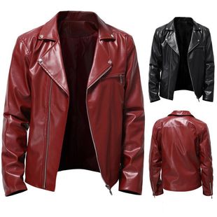 Cross-border 2021 Autumn and Winter Foreign Trade Men's Leather Clothing European and American Fashion Leisure Lapel Cable-pull Motorcycle Pu Leather Jacket Coat