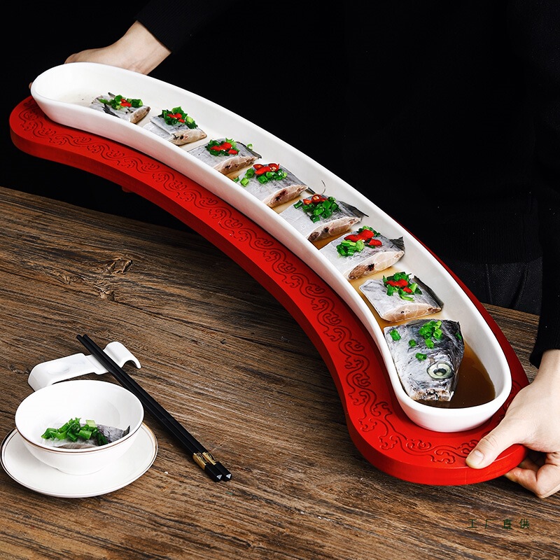 Creative Hotel Tableware 1m Ceramic Extra-Large Knife Fish, Hairtail Fish, Eel Hot Pot Meat Plate for Restaurant Club Private Dining