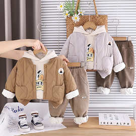 五小七童装2025秋冬新款0-4岁韩版男童婴幼儿简约加厚保暖三件套