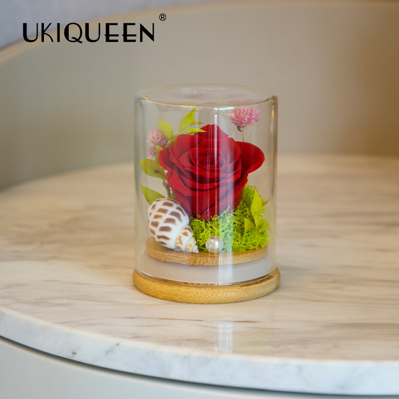 Yunnan Naxi reina flor eterna cubierta de vidrio deseando botella planta espécimen Rosa Flores preservadas Comercio exterior al por mayor