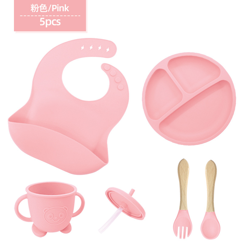 Vajilla de silicona para niños Juego de 6 piezas de silicona para bebés Tazón de alimentos complementarios separados Cuchara tenedor Taza para aprender a beber Juego de vajilla para madres y bebés