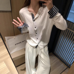 素典复古格子拼接假两件针织衫女25秋装新款知识分子针织开衫外套