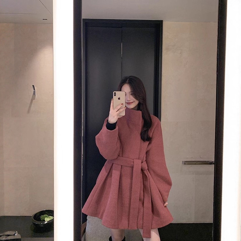 小个子斗篷毛呢外套女秋冬短款显瘦日系气质玫红色呢子大衣