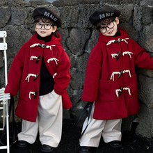 年服童装2025冬季新款男童红色拜年服长款羊角扣呢子大衣加棉外套