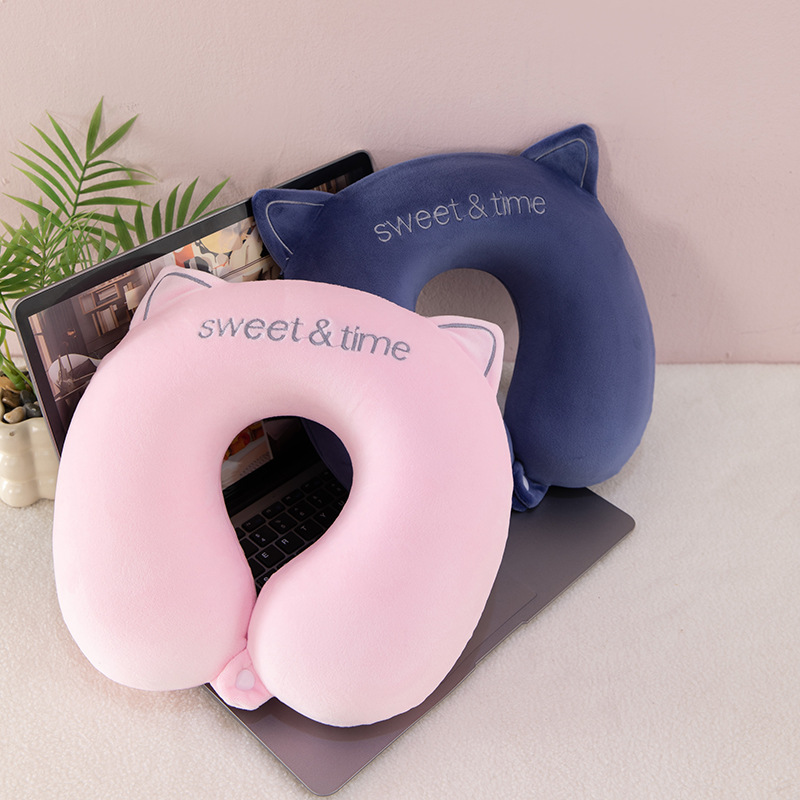 Oreiller de voyage portable en mousse à mémoire de forme en forme de U avec motif chat, idéal pour les voyages en avion et au bureau._voghion.com