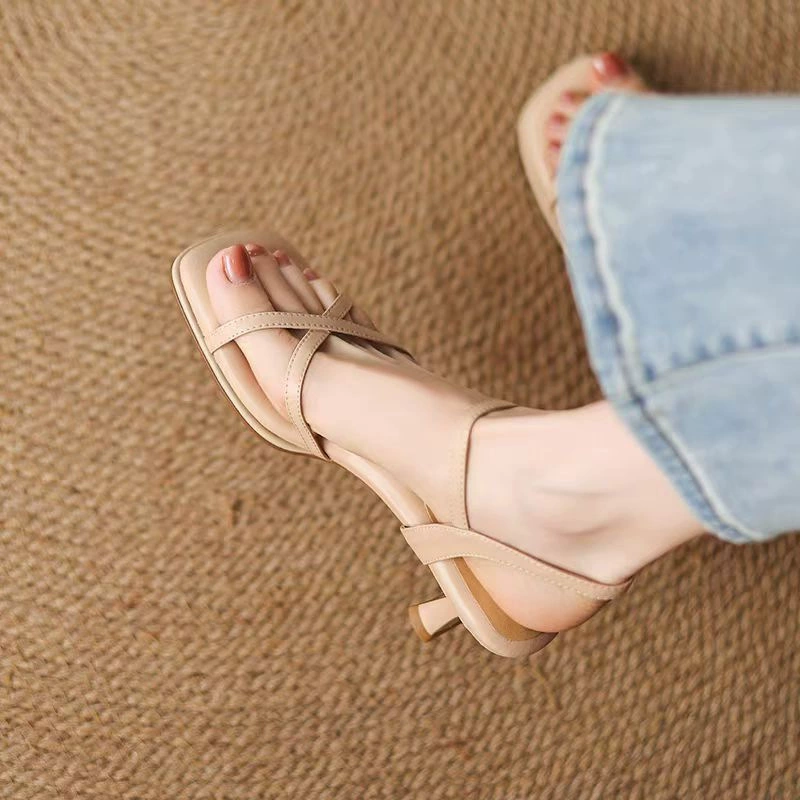 Summer high-heeled shoes, apricot sandals, 2025 years